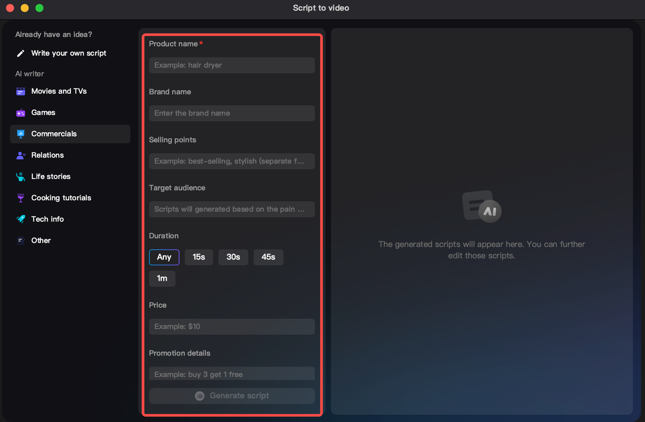 Write a script with AI on CapCut, the best AI copywriting tools