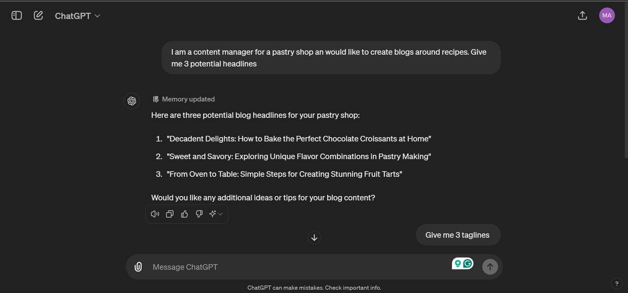 Generating content ideas while copywriting with ChatGPT