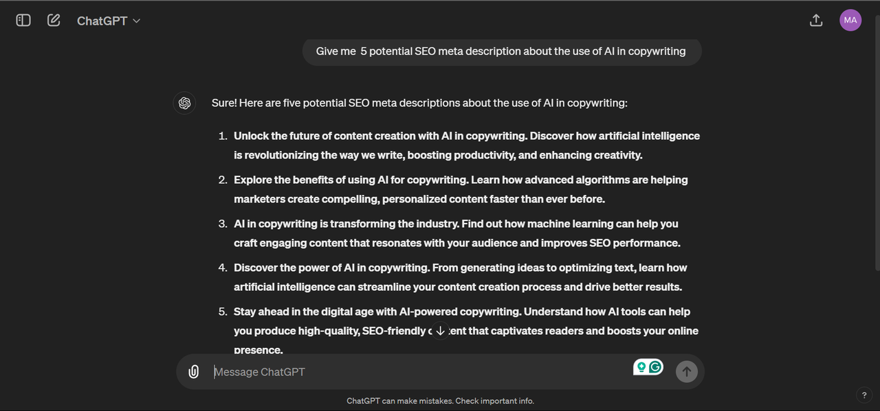 Writing SEO meta descriptions while copywriting with ChatGPT 