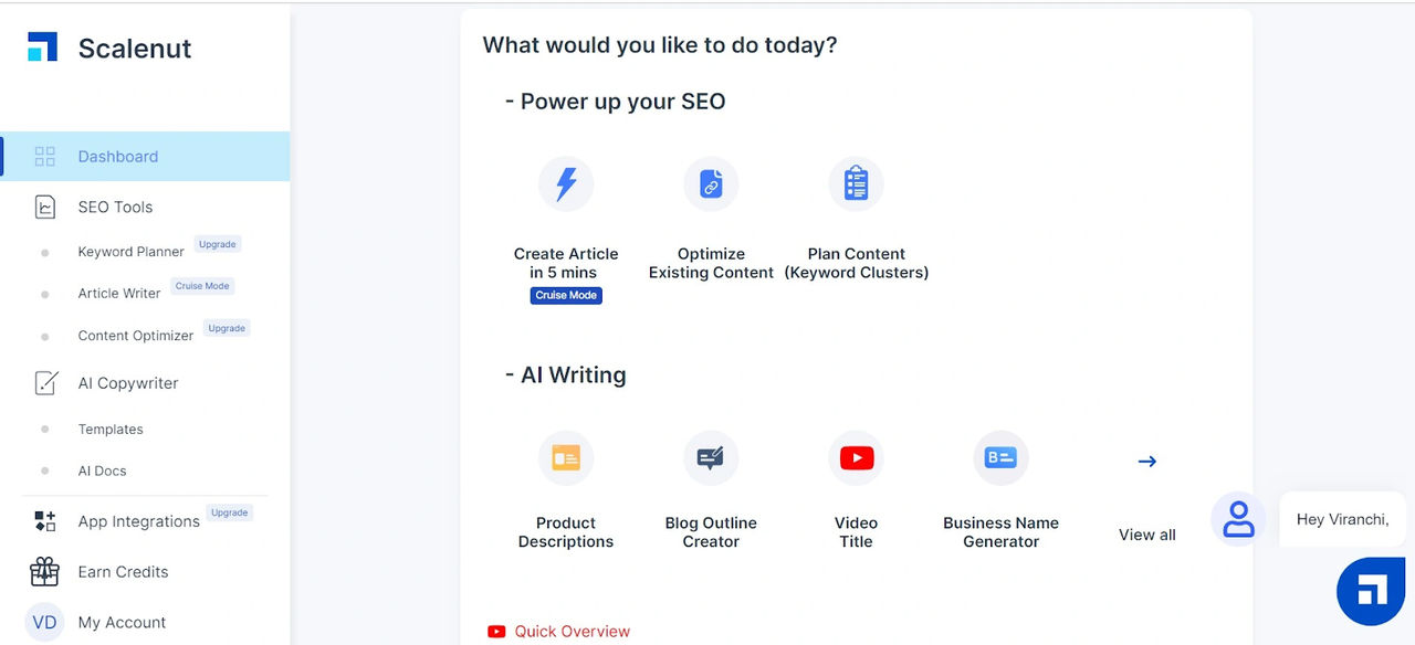 Interface of Scalenut - one of the best AI tools for content writing