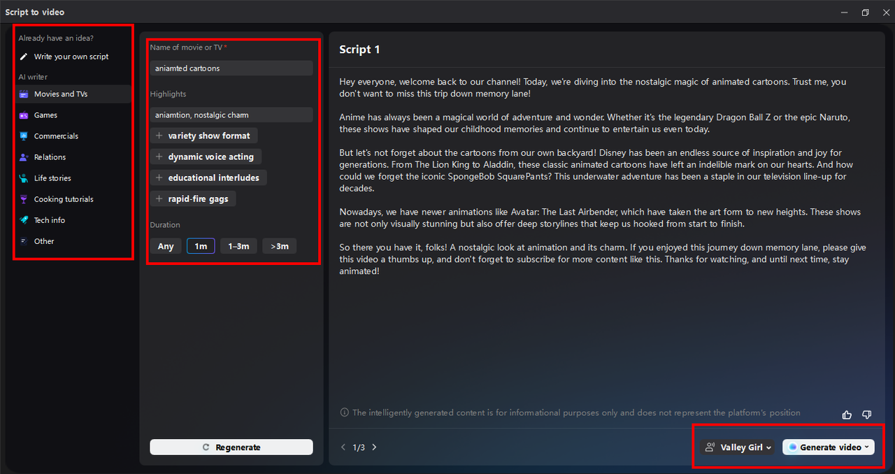 Creating a script for video creation using the CapCut desktop video editor 