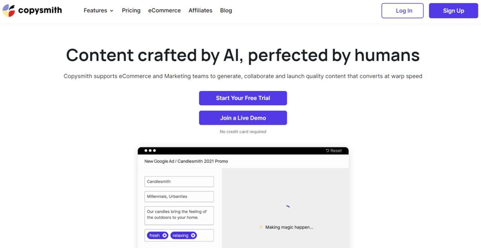 Copysmith AI content generator interface for blog content creation templates