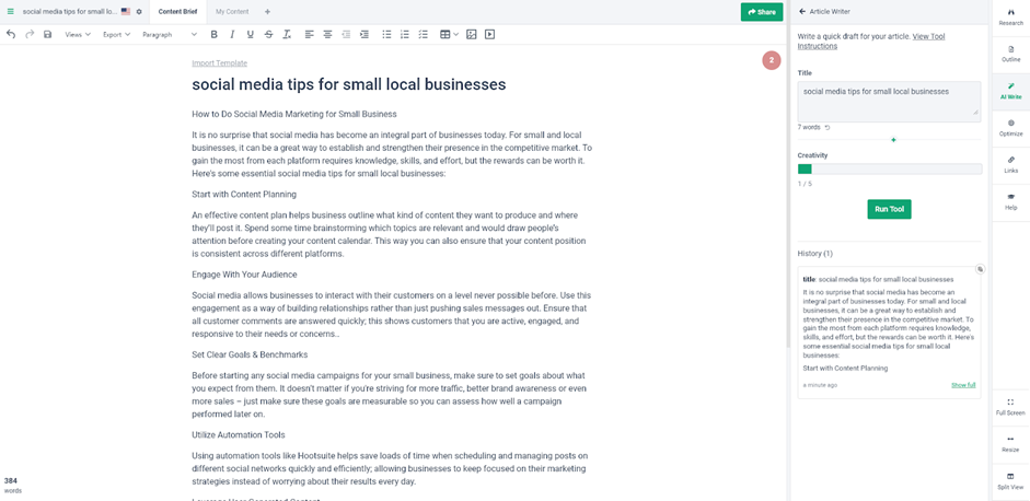 SEO optimization interface of Frase — the blog writing AI free tool
