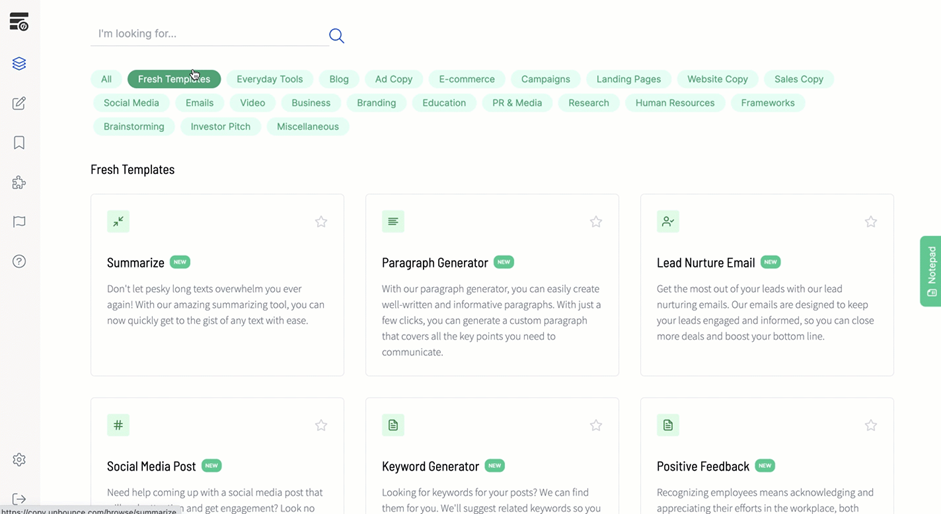 The interface of Unbounce blog AI writer for content generation options and landing page integration