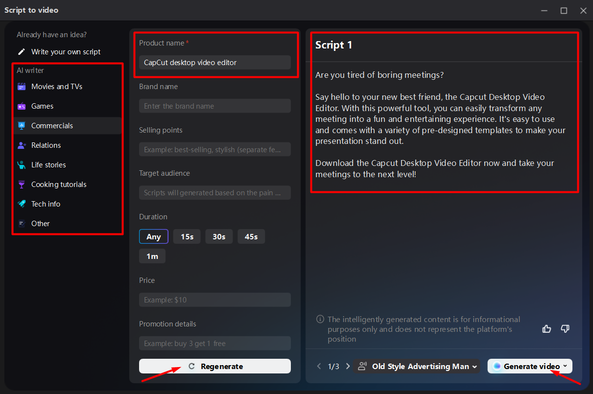 Generating product video from AI writer using CapCut desktop video editor