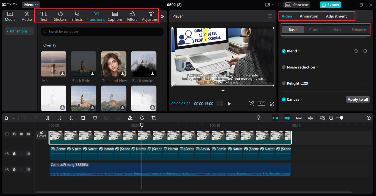 Using CapCut's advanced tools to edit AI generated product video