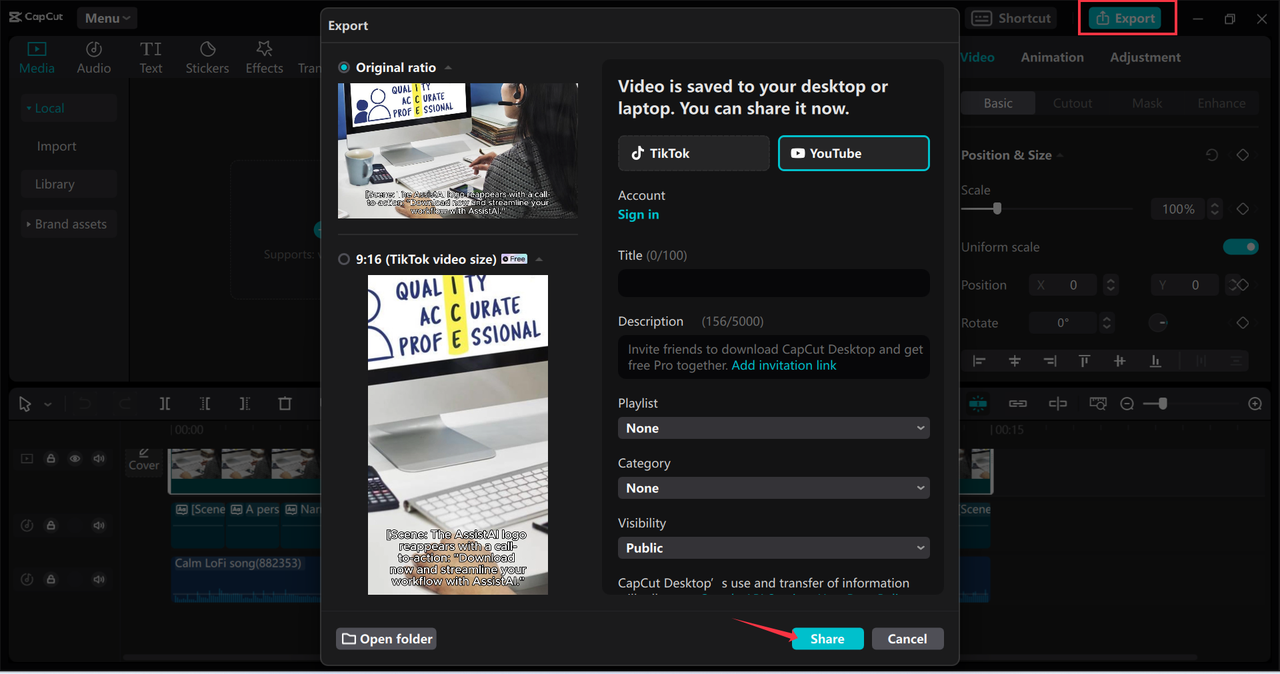 Exporting and sharing AI generated product video from the CapCut desktop video editor