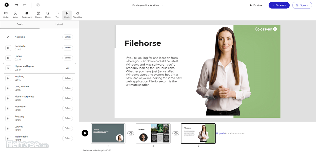  Colossyan AI video editor interface with AI avatars and text-to-video features