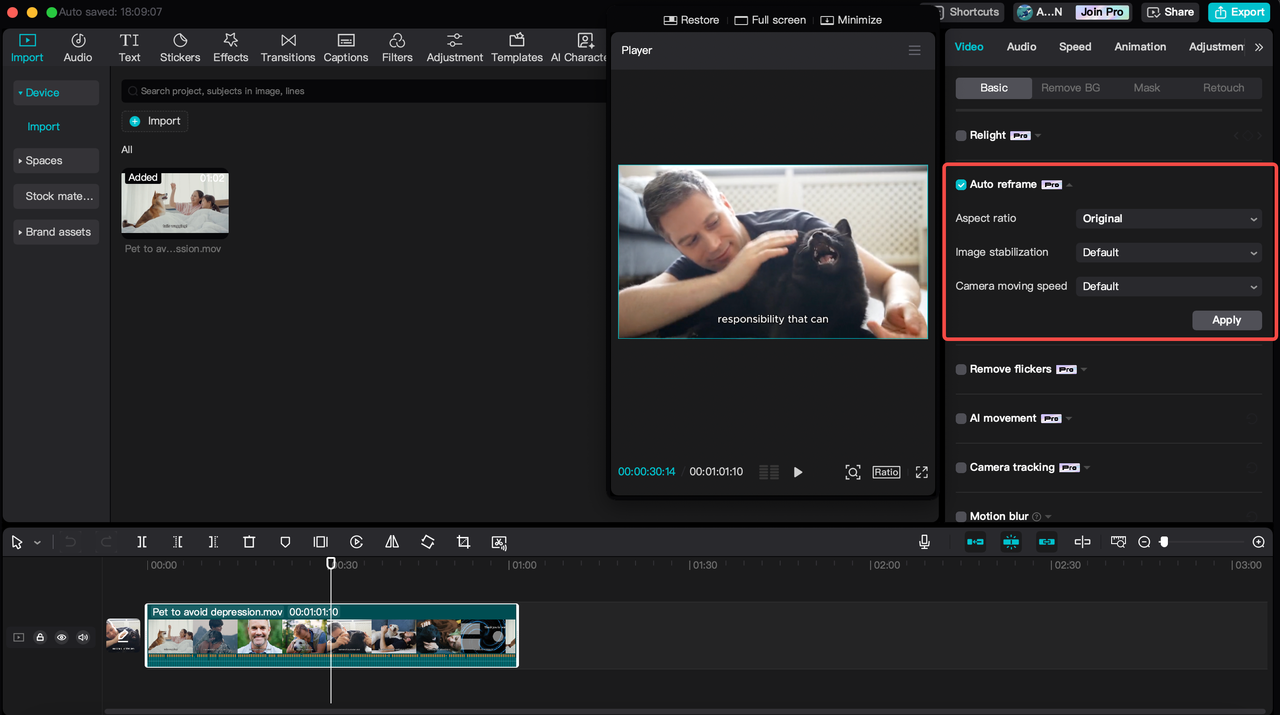 CapCut's Auto-reframe feature