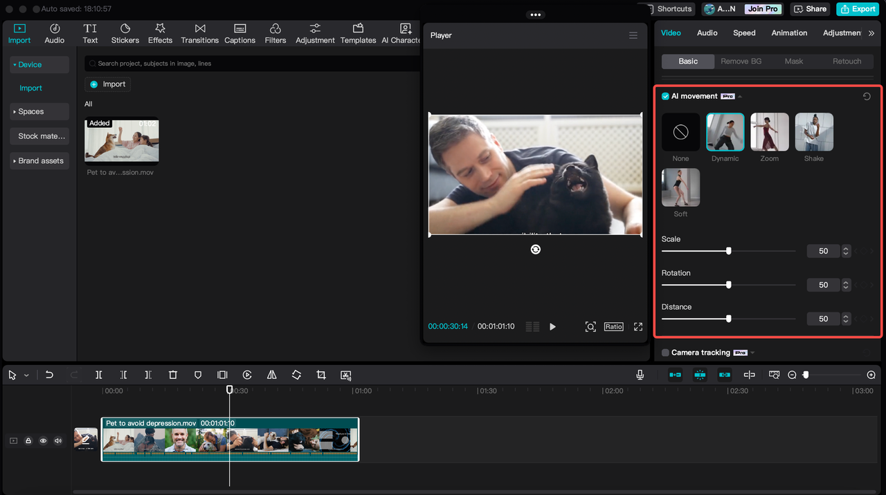 CapCut's AI movement feature