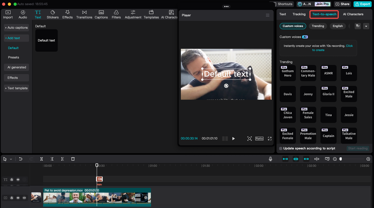 CapCut's text to speech feature