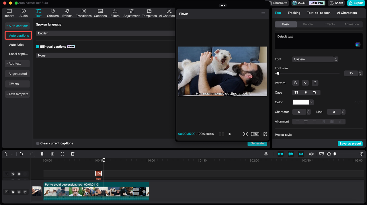 CapCut's auto-caption feature