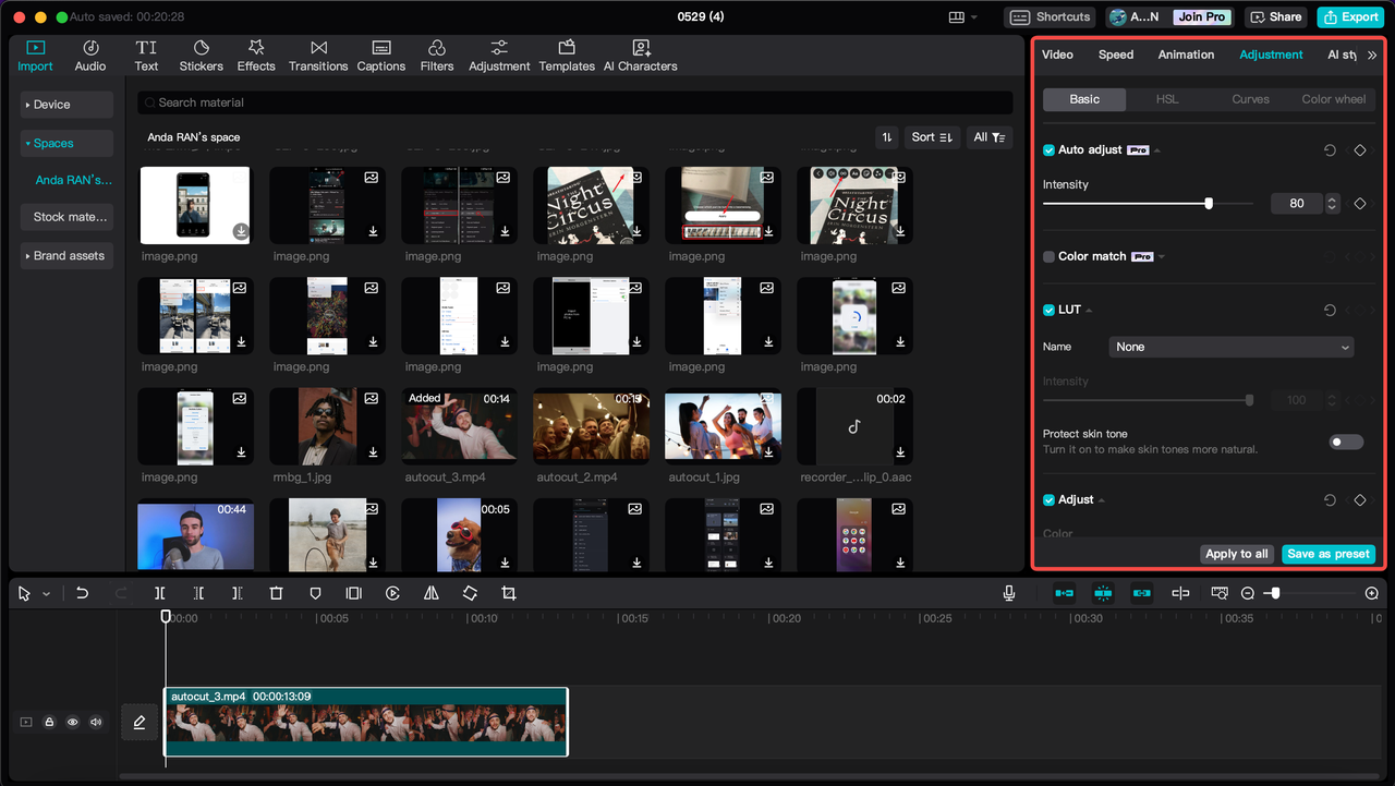 Using Auto-adjust tool in CapCut PC editor
