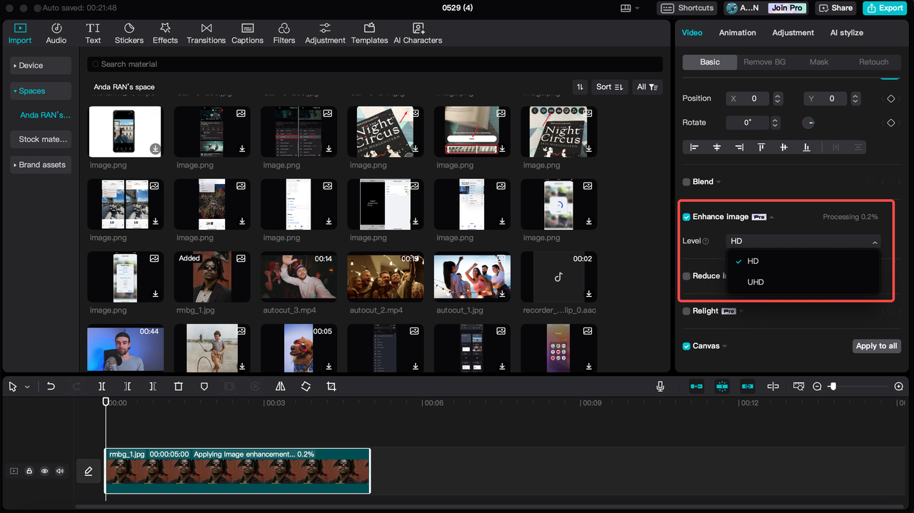 Using the "Enhance image" tool in CapCut PC editor