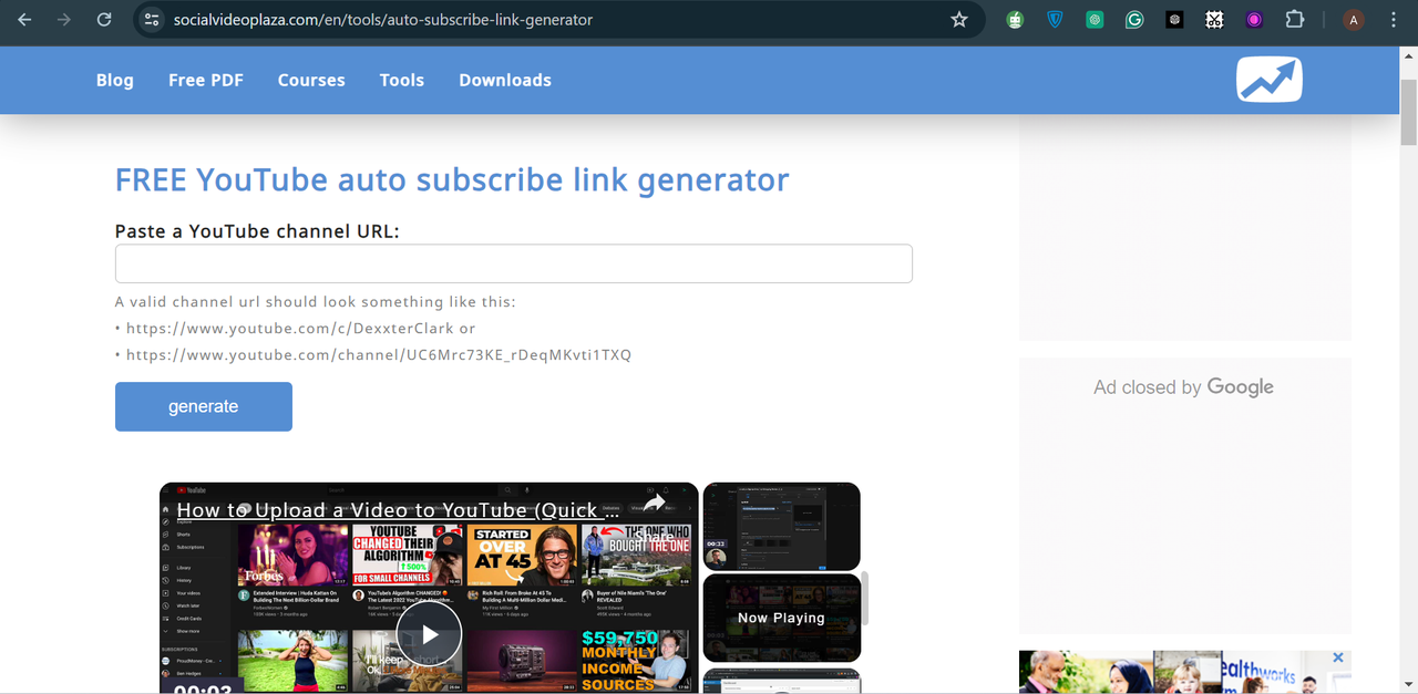 Generating YouTube auto-subscribe link using socialvideopalza.com
