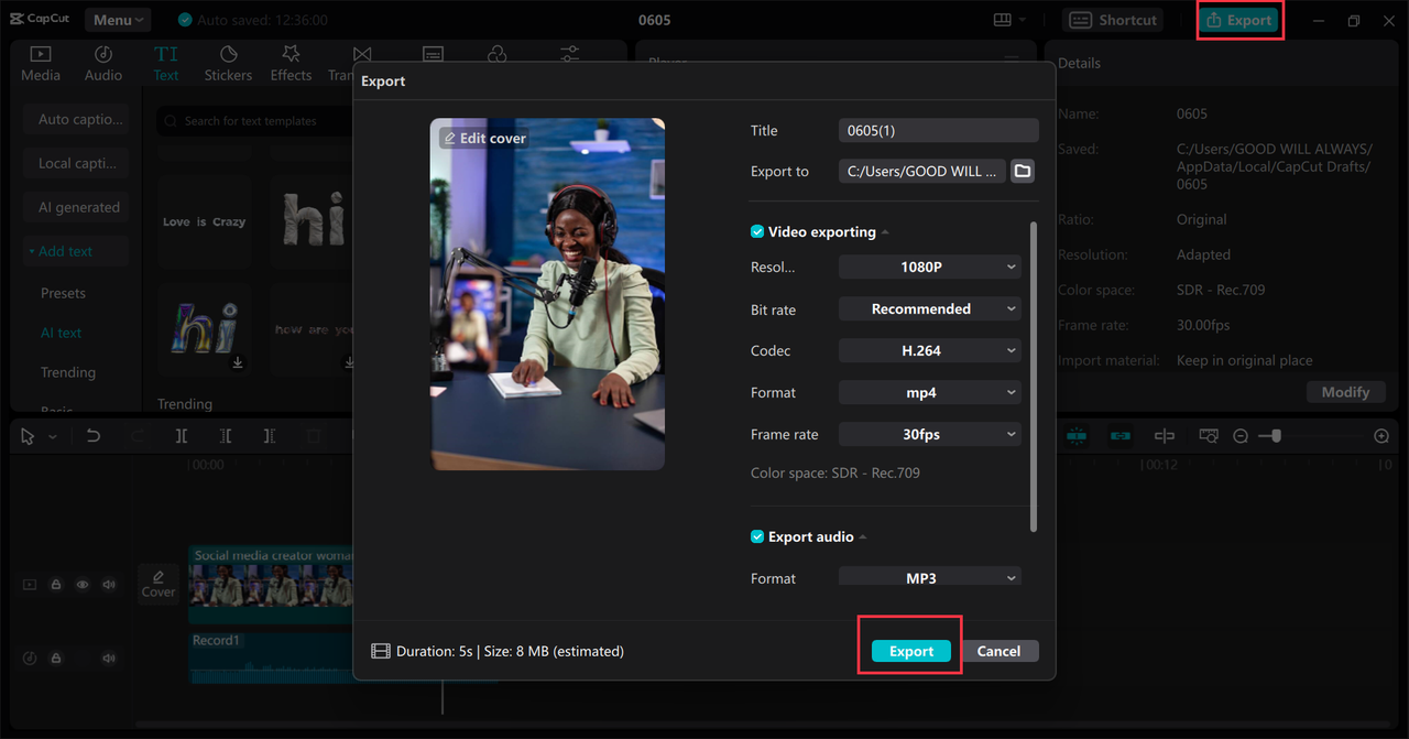 Exporting video from CapCut desktop video editor to your device