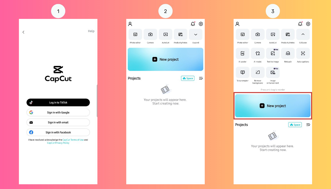 Start new project in CapCut mobile video editing app