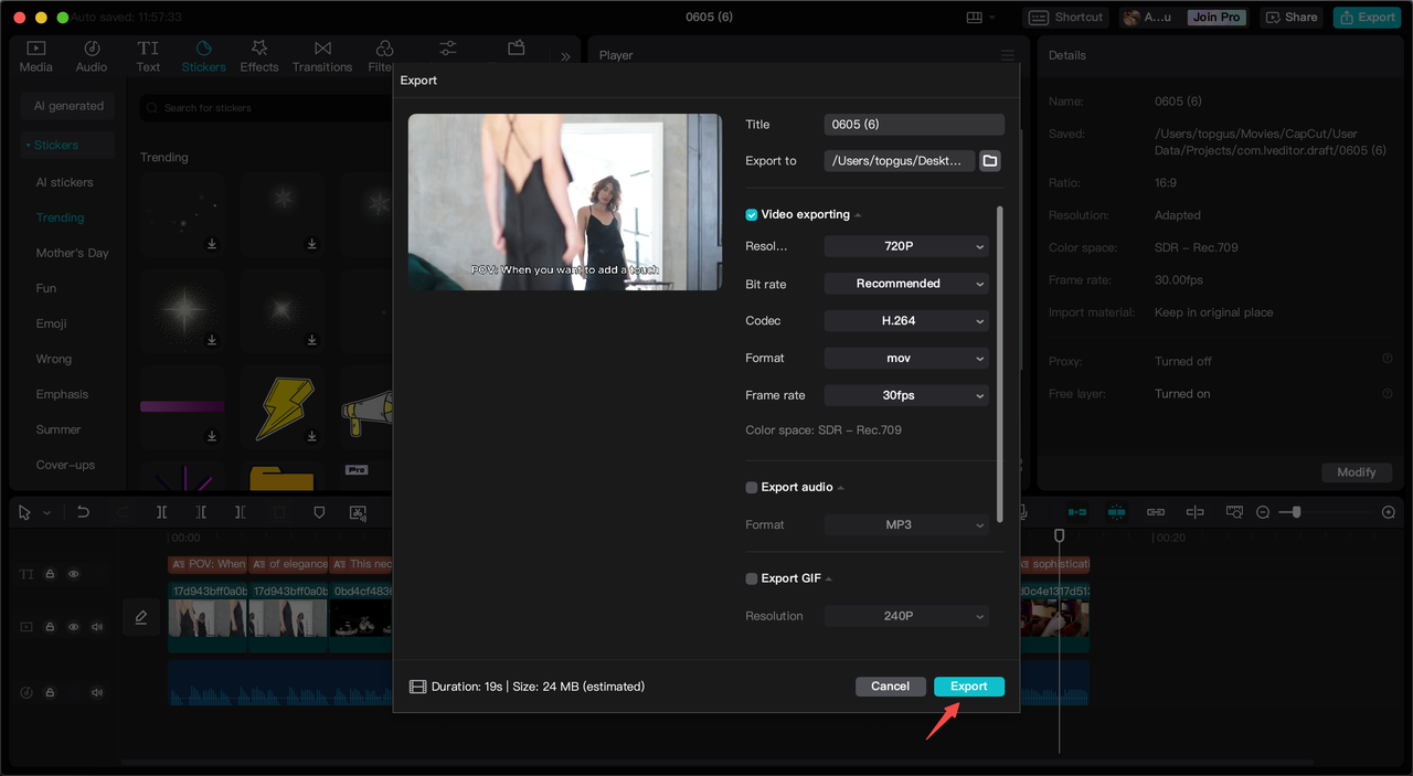 CapCut export the video
