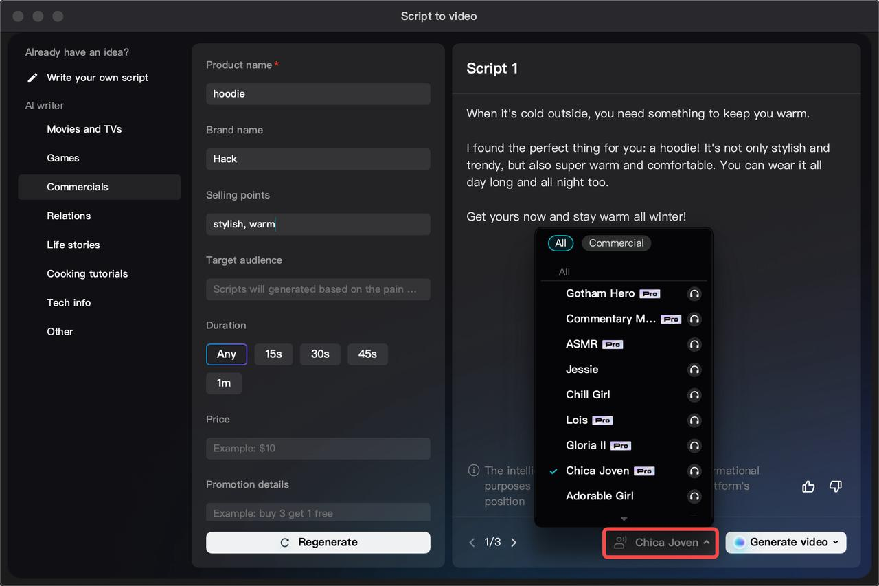 Choose voiceover for your transcript-based video