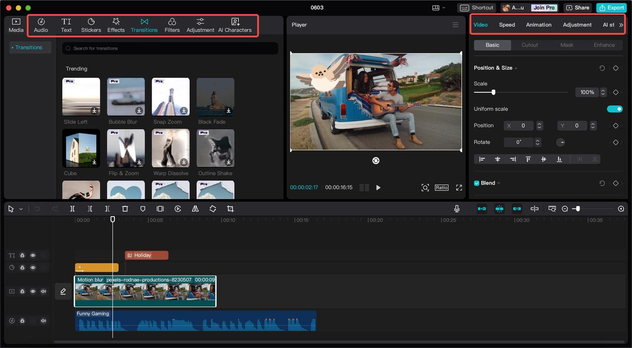 Customize video using basic/advanced editing features