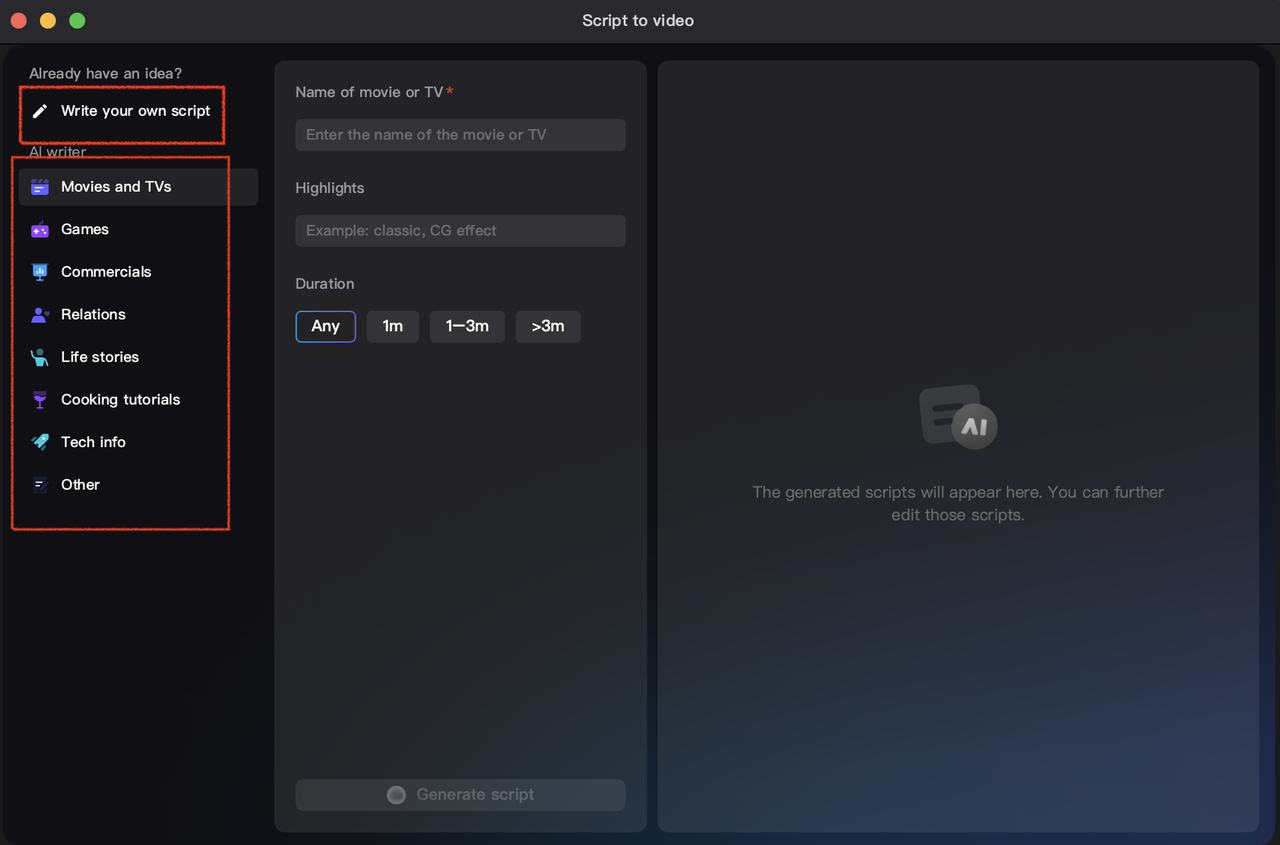 Write your own script or use AI writer