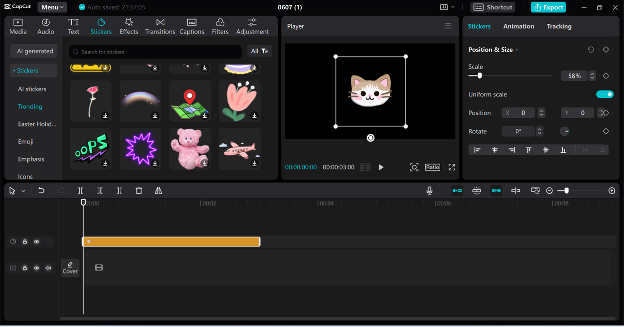 Using pre-made sticker templates in CapCut desktop video editor