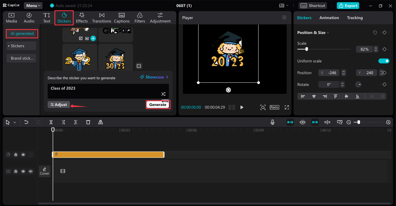 Generating sticker templates using AI in the CapCut desktop video editor