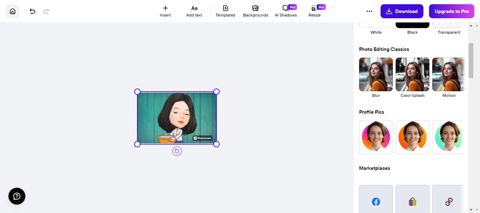 Interface of Photoroom — the best sticker maker online for WhatsApp