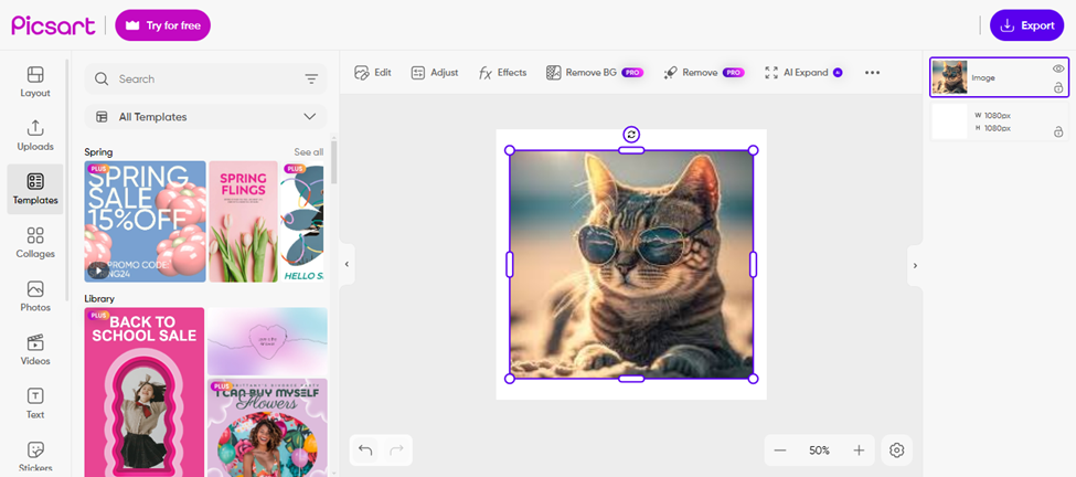 Interface of Picsart - a powerful WhatsApp sticker maker online