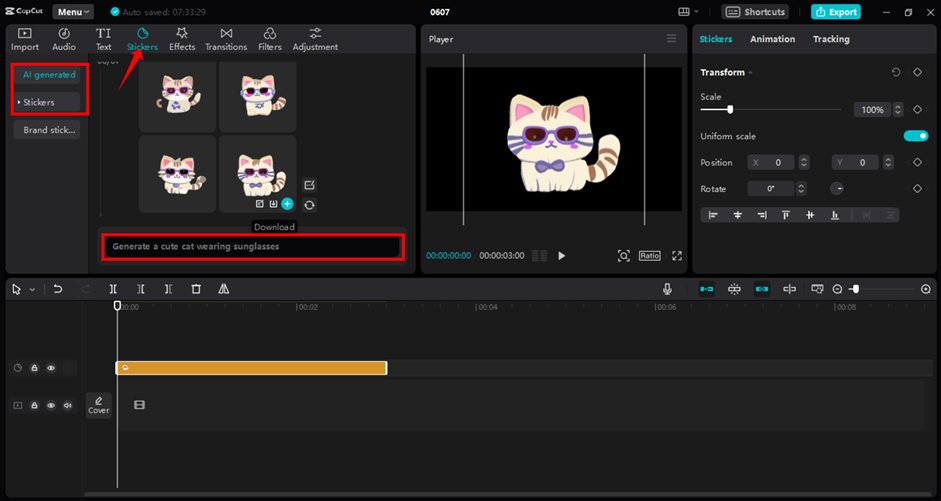 Generating the AI sticker using the CapCut desktop video editor
