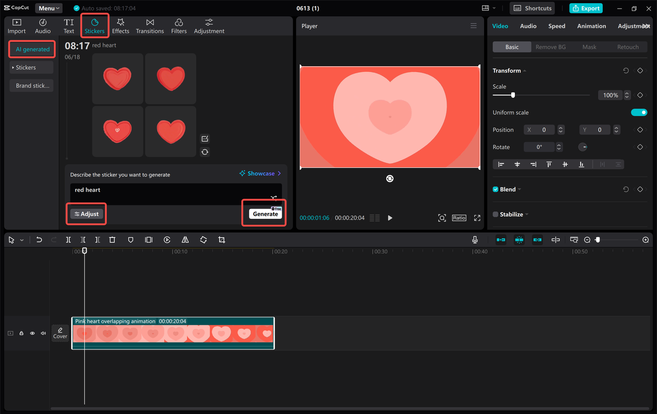 Generating a sticker with CapCut desktop video editor