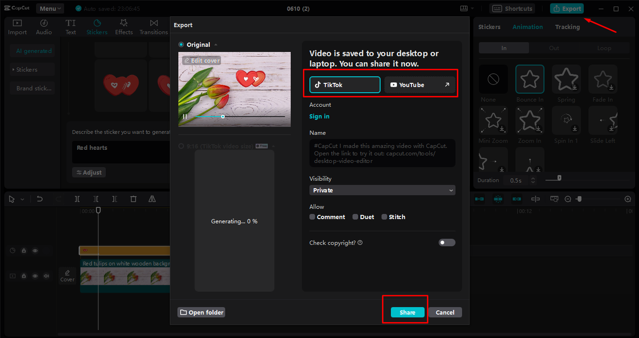 Sharing the video on social media platforms from the CapCut desktop video editor