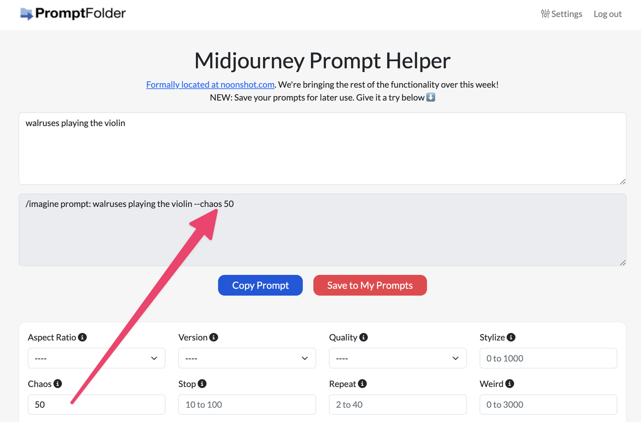 Editor interface of PrompFolder - A Midjourney prompt generator