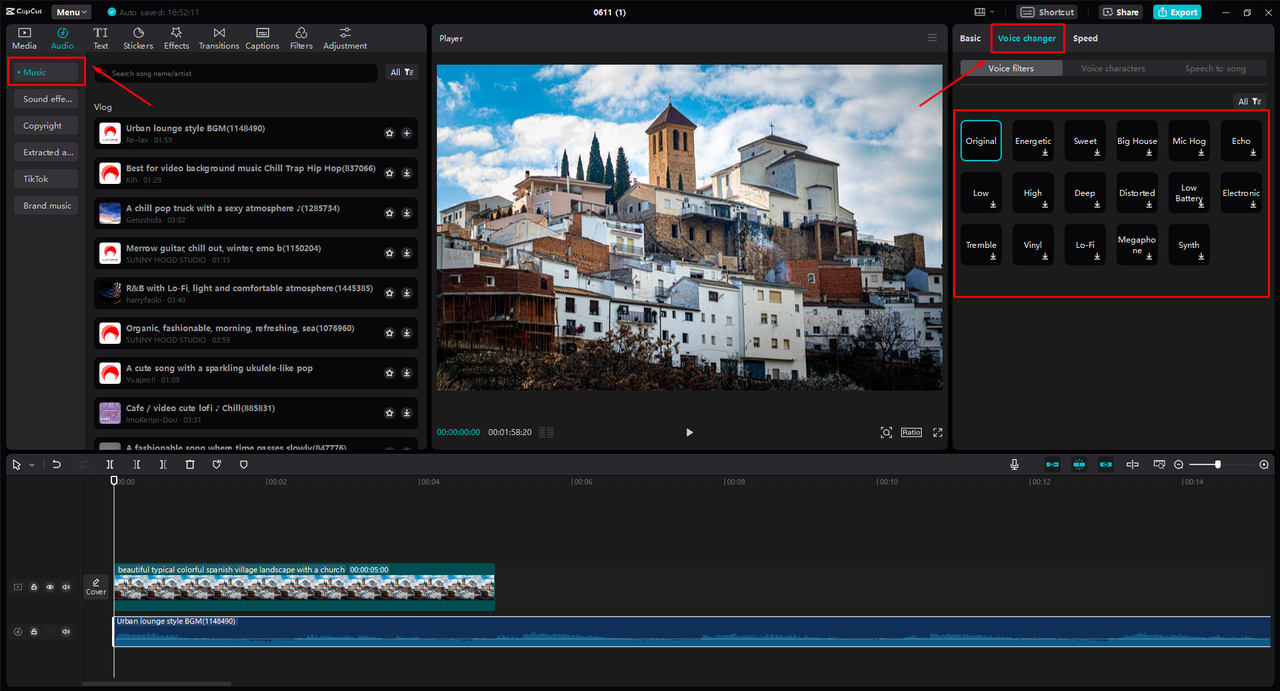 Applying voice changer to MP3 file in the CapCut desktop video editor
