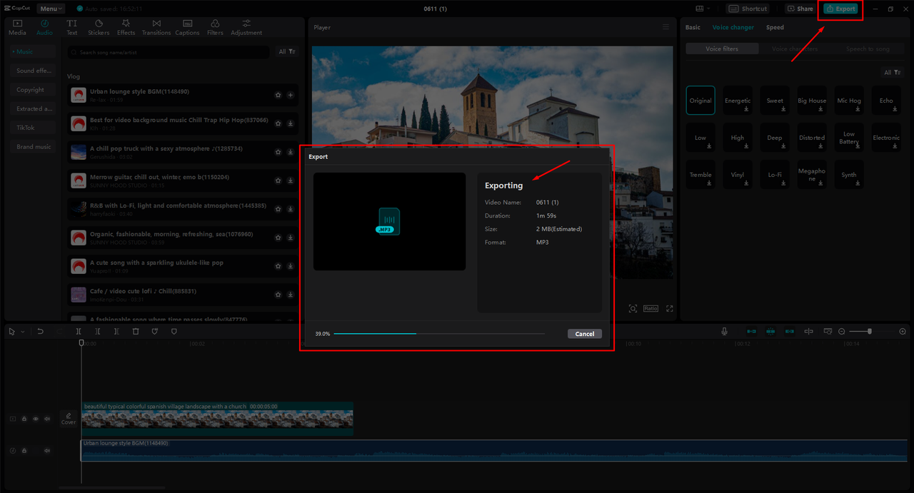 Exporting audio files as MP3 from the CapCut desktop video editor