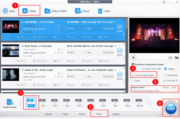 Editor interface of VideoProc - an MP4 to MP3 converter for PC