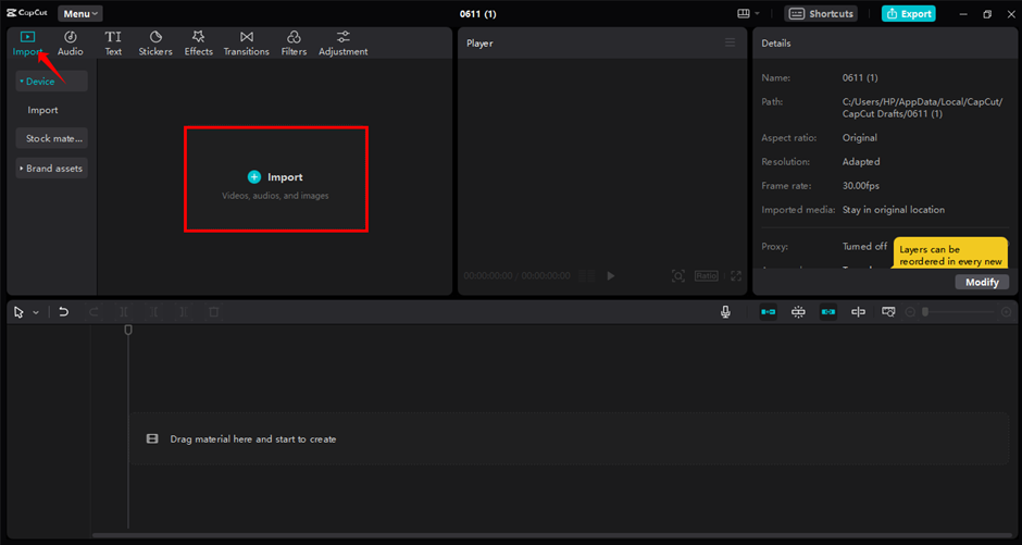 Importing a video in MP4 format into the CapCut desktop video editor