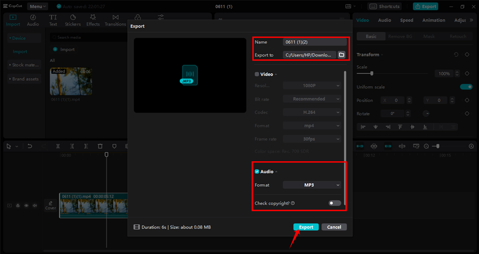 Exporting MP3 audio from the CapCut desktop video editor