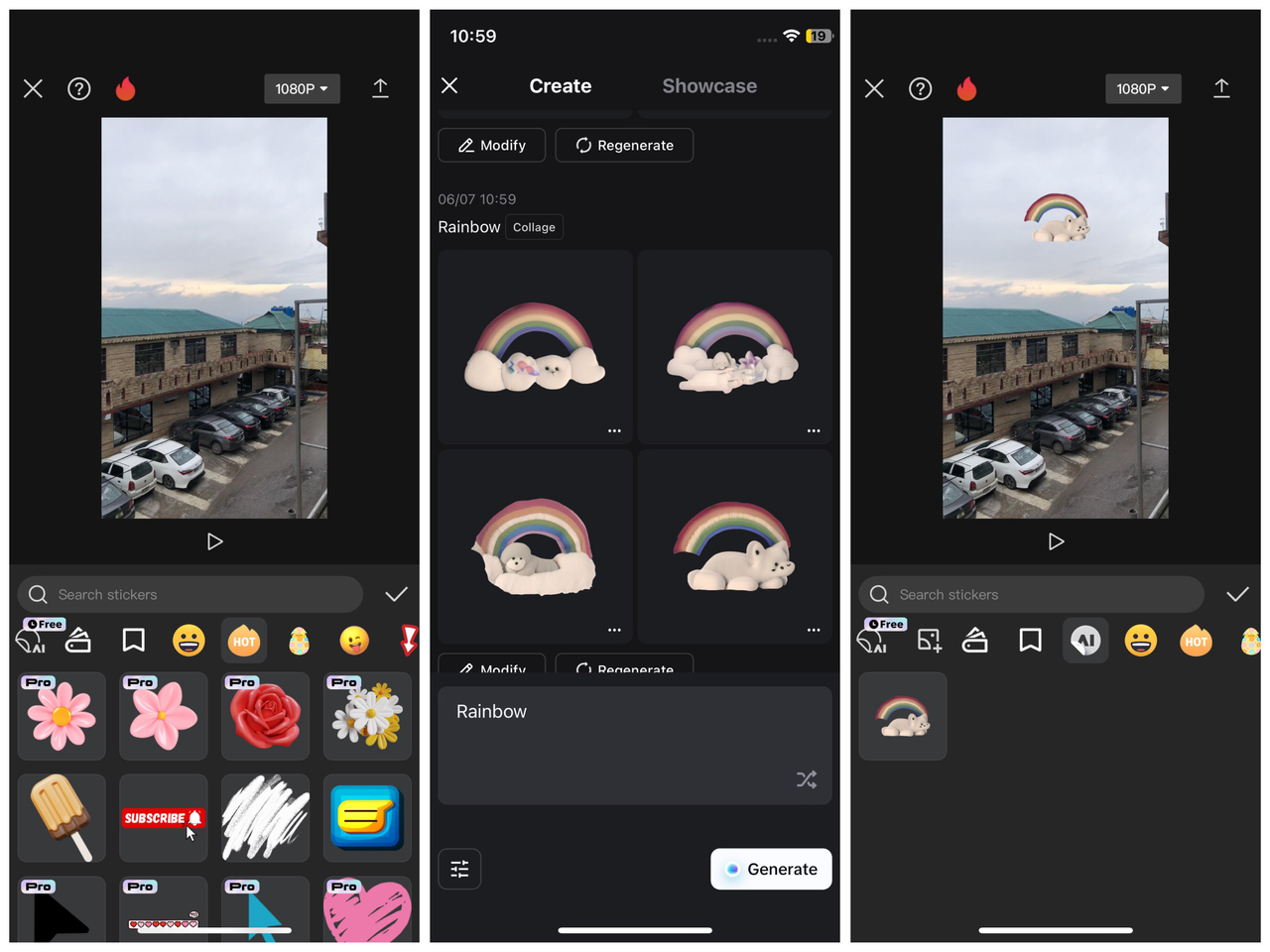 CapCut mobile editor interface showing free sticker creator