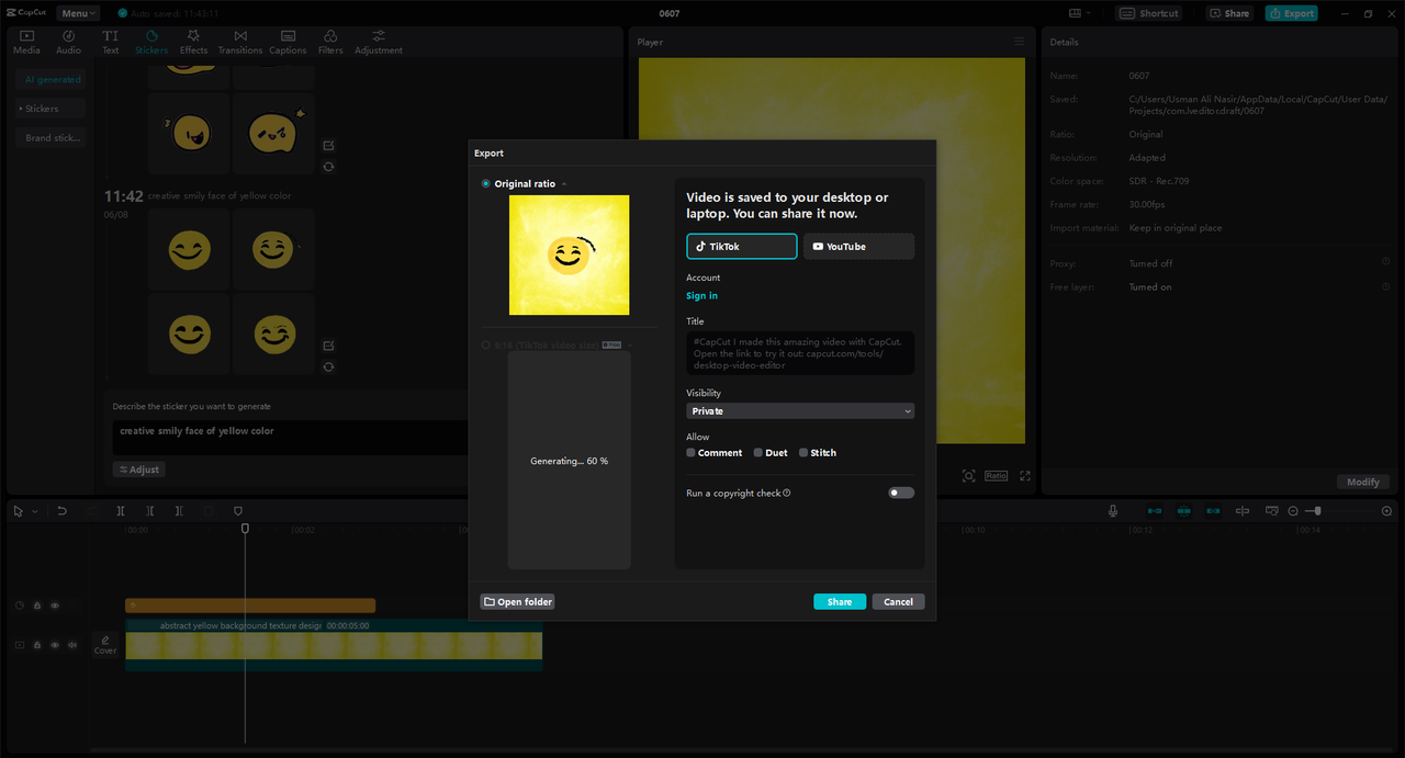 Sharing stickers created by the CapCut desktop video editor on social media