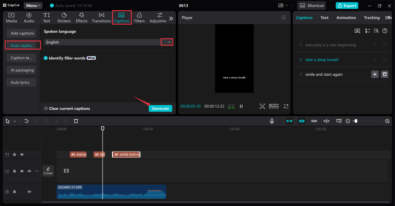 Converting WAV to text in CapCut desktop video editor