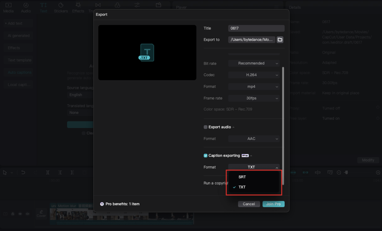 Exporting text files from the CapCut desktop video editor after WAV to text conversion