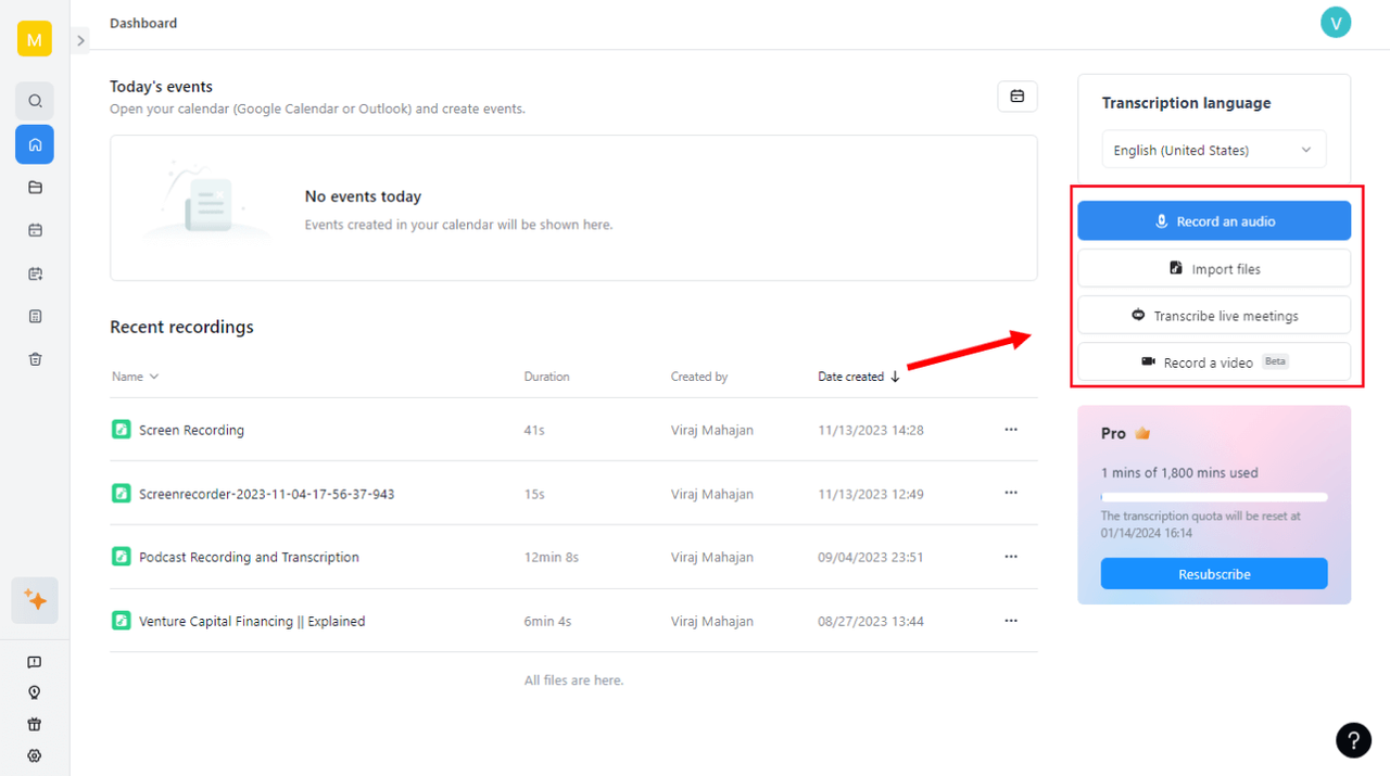 Notta interface displaying the process of converting a WAV file to text