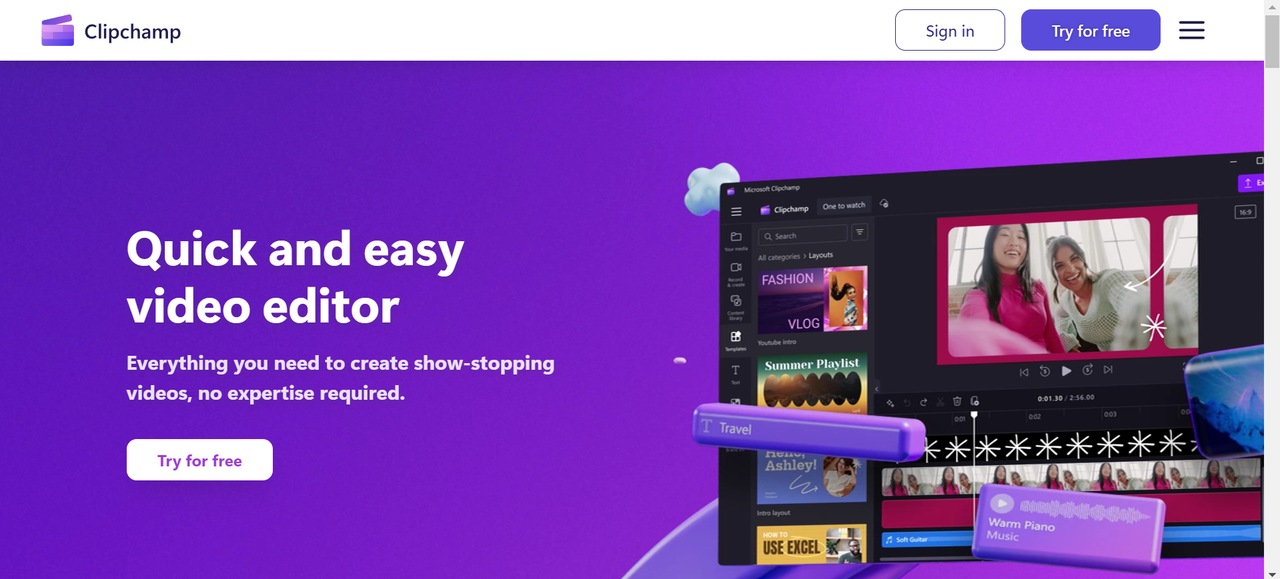 Image showing Clipchamp's home page