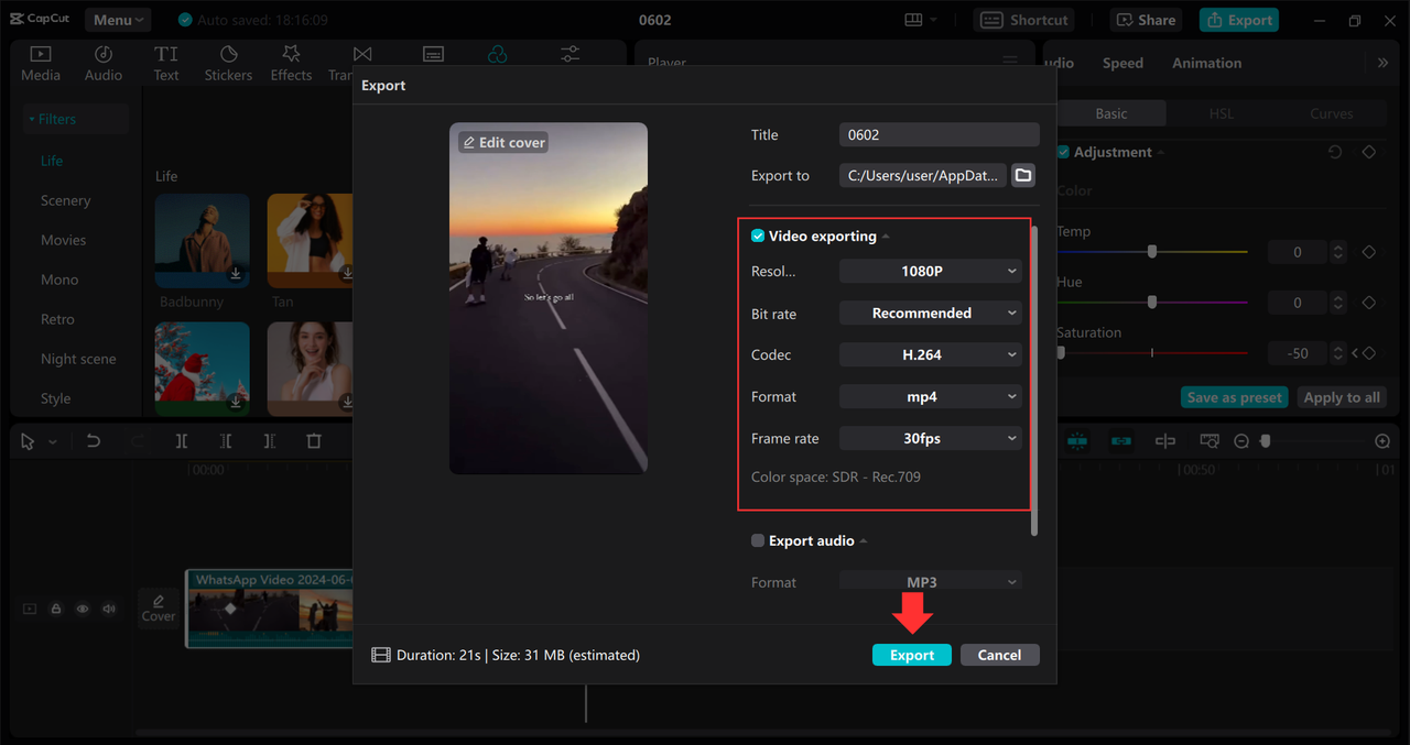 Image showing the export settings on CapCut