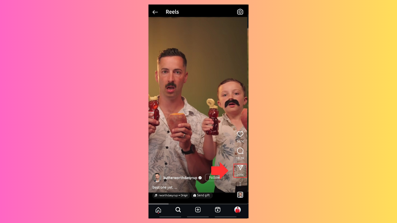 How to save Instagram videos on camera roll: Image showing the "Share" icon