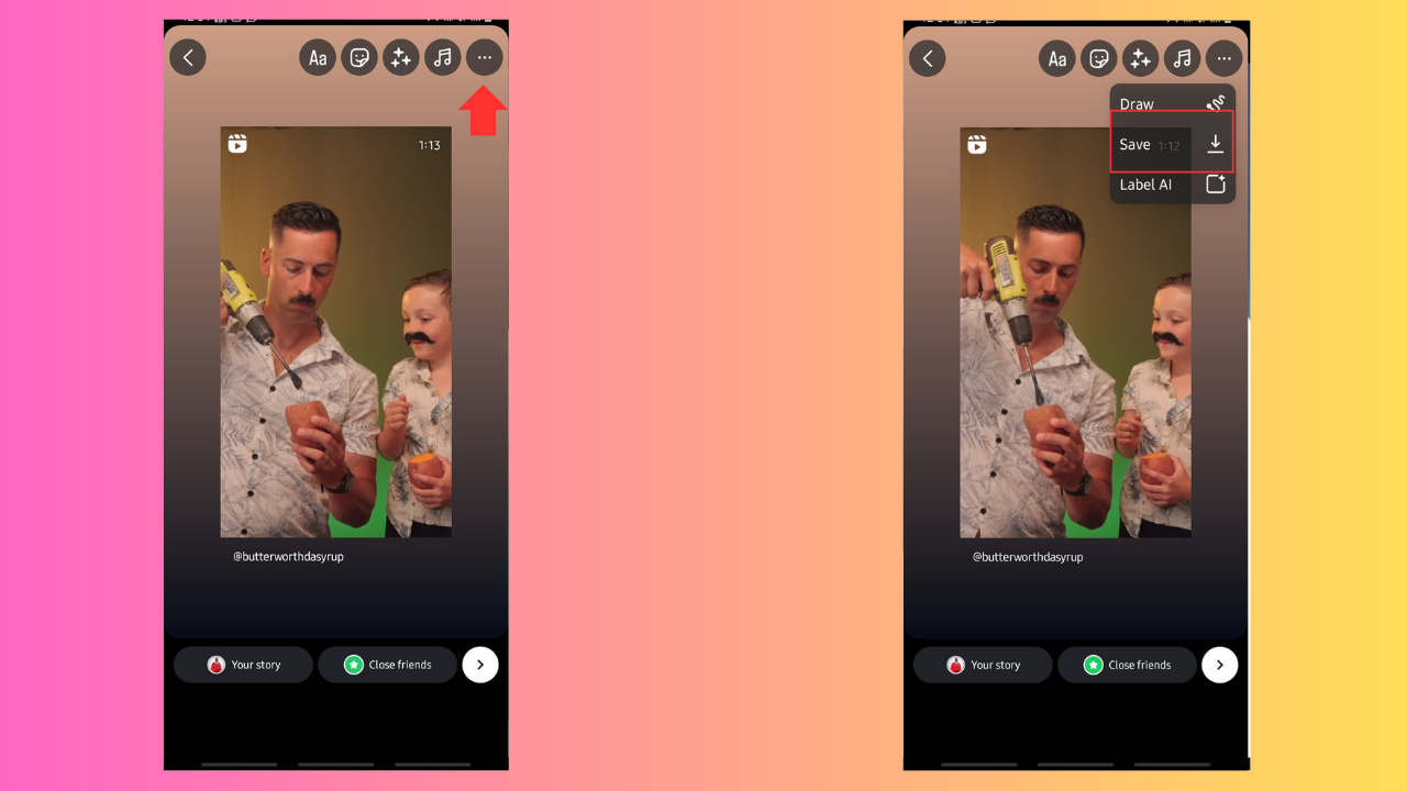 How to save reels to camera roll: Image showing the "Save" button for Instagram reels