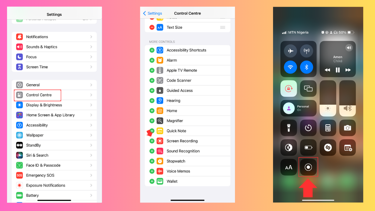 How to save video on Instagram to camera roll: Image showing how to access the screen recording feature on iPhone