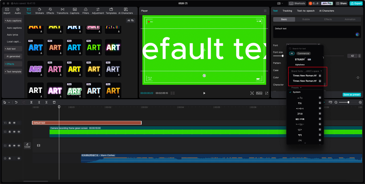 the Text's Font option