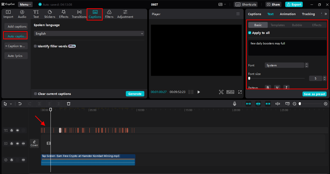 Converting audio to text and editing the text in CapCut desktop video editor